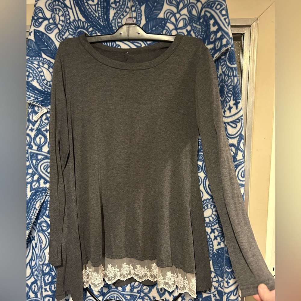 **2/$10** Gray Long Sleeve Top with Lace Hem